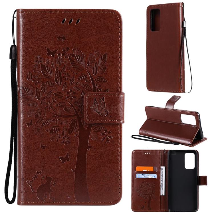 Embossing Butterfly Tree Leather Wallet Case for Samsung Galaxy A52 (4G, 5G) - Coffee