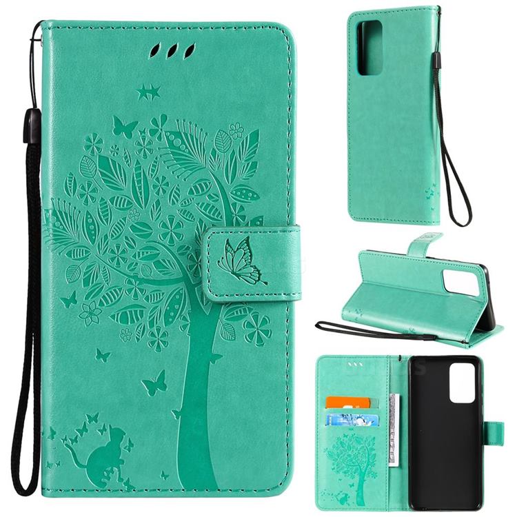 Embossing Butterfly Tree Leather Wallet Case for Samsung Galaxy A52 (4G, 5G) - Cyan