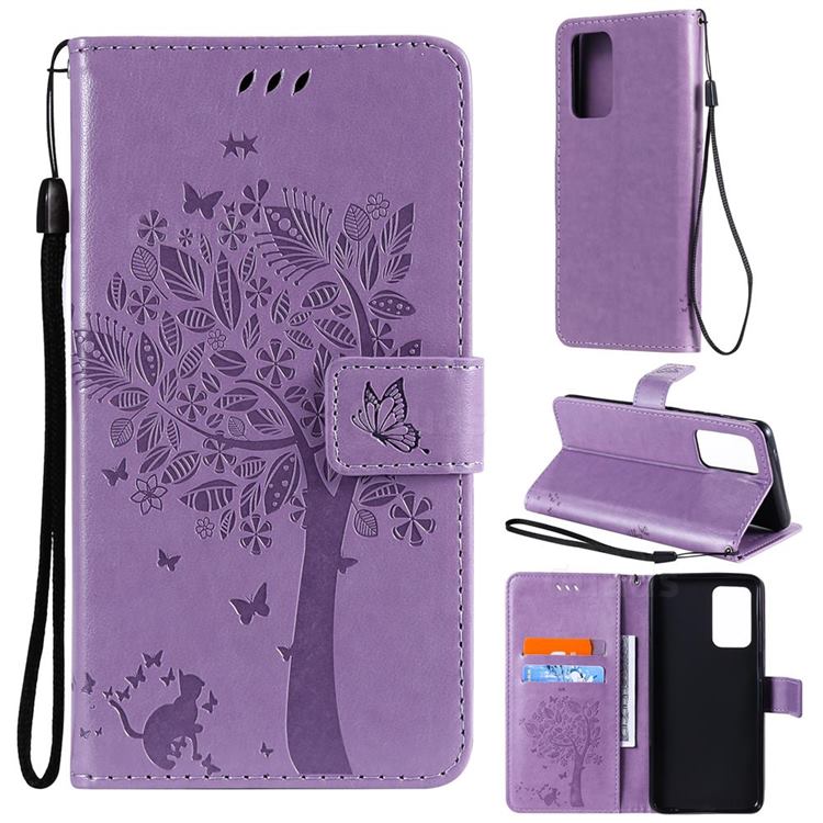 Embossing Butterfly Tree Leather Wallet Case for Samsung Galaxy A52 (4G, 5G) - Violet