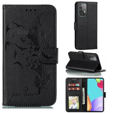 Intricate Embossing Lychee Feather Bird Leather Wallet Case for Samsung Galaxy A52 (4G, 5G) - Black