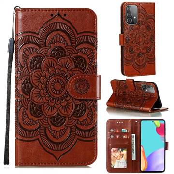 Intricate Embossing Datura Solar Leather Wallet Case for Samsung Galaxy A52 (4G, 5G) - Brown