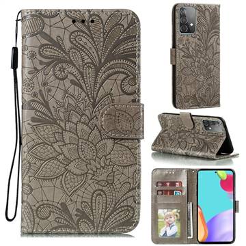 Intricate Embossing Lace Jasmine Flower Leather Wallet Case for Samsung Galaxy A52 (4G, 5G) - Gray