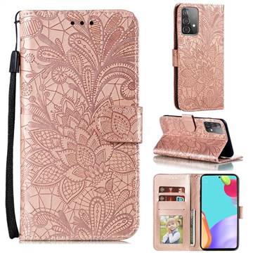 Intricate Embossing Lace Jasmine Flower Leather Wallet Case for Samsung Galaxy A52 (4G, 5G) - Rose Gold