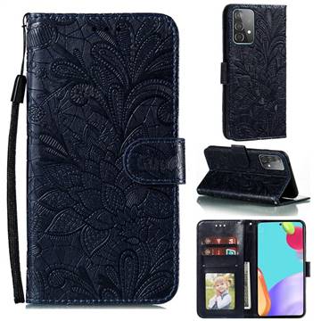 Intricate Embossing Lace Jasmine Flower Leather Wallet Case for Samsung Galaxy A52 (4G, 5G) - Dark Blue