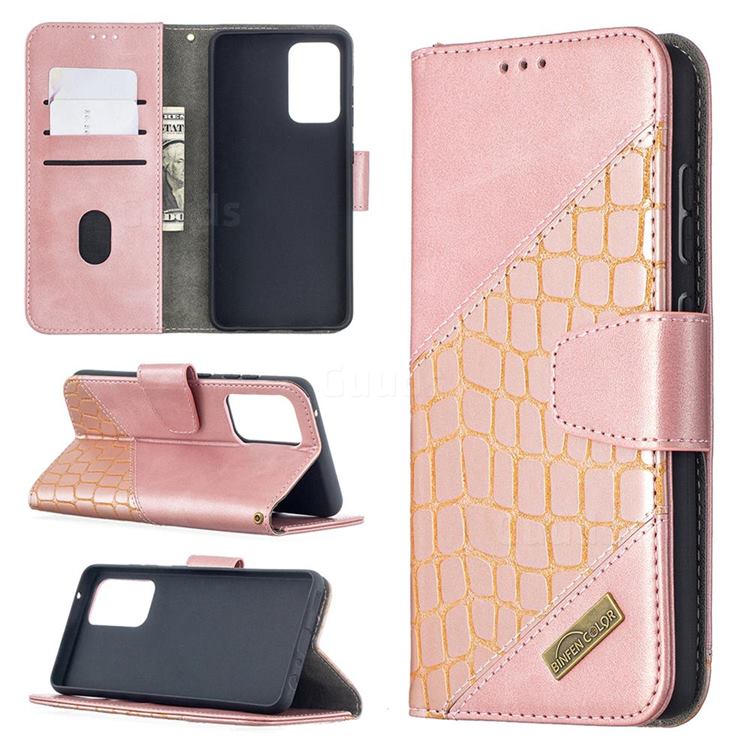 BinfenColor BF04 Color Block Stitching Crocodile Leather Case Cover for Samsung Galaxy A52 (4G, 5G) - Rose Gold