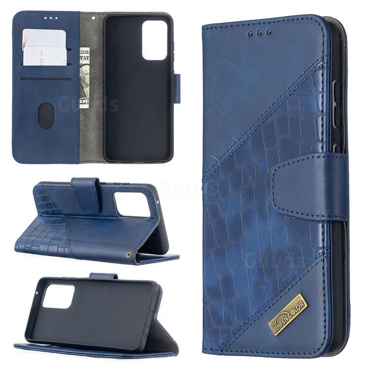 BinfenColor BF04 Color Block Stitching Crocodile Leather Case Cover for Samsung Galaxy A52 (4G, 5G) - Blue