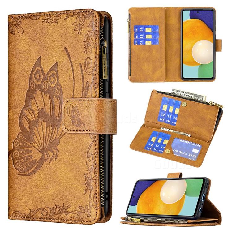 Binfen Color Imprint Vivid Butterfly Buckle Zipper Multi-function Leather Phone Wallet for Samsung Galaxy A52 (4G, 5G) - Brown