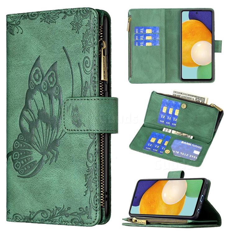 Binfen Color Imprint Vivid Butterfly Buckle Zipper Multi-function Leather Phone Wallet for Samsung Galaxy A52 (4G, 5G) - Green