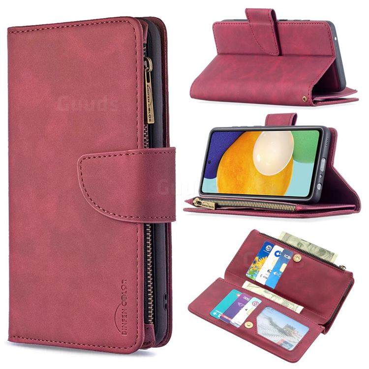 Binfen Color BF02 Sensory Buckle Zipper Multifunction Leather Phone Wallet for Samsung Galaxy A52 (4G, 5G) - Red Wine