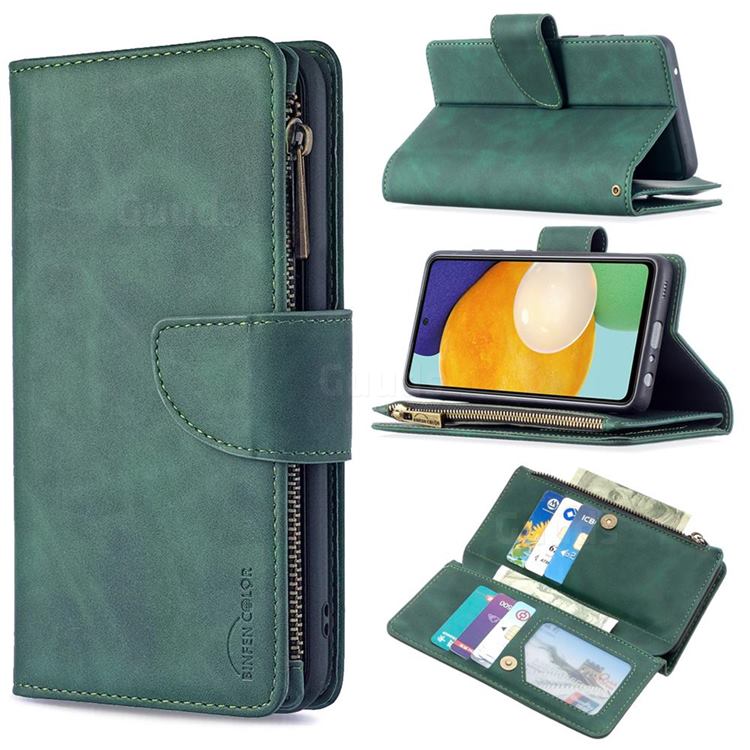 Binfen Color BF02 Sensory Buckle Zipper Multifunction Leather Phone Wallet for Samsung Galaxy A52 (4G, 5G) - Dark Green