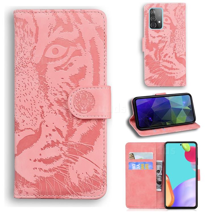 Intricate Embossing Tiger Face Leather Wallet Case for Samsung Galaxy A52 (4G, 5G) - Pink