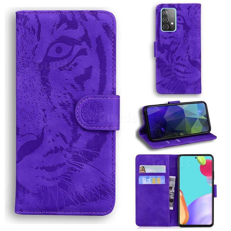 Intricate Embossing Tiger Face Leather Wallet Case for Samsung Galaxy A52 (4G, 5G) - Purple