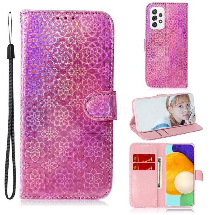 Laser Circle Shining Leather Wallet Phone Case for Samsung Galaxy A52 (4G, 5G) - Pink