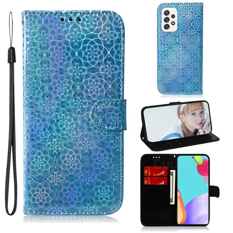 Laser Circle Shining Leather Wallet Phone Case for Samsung Galaxy A52 (4G, 5G) - Blue