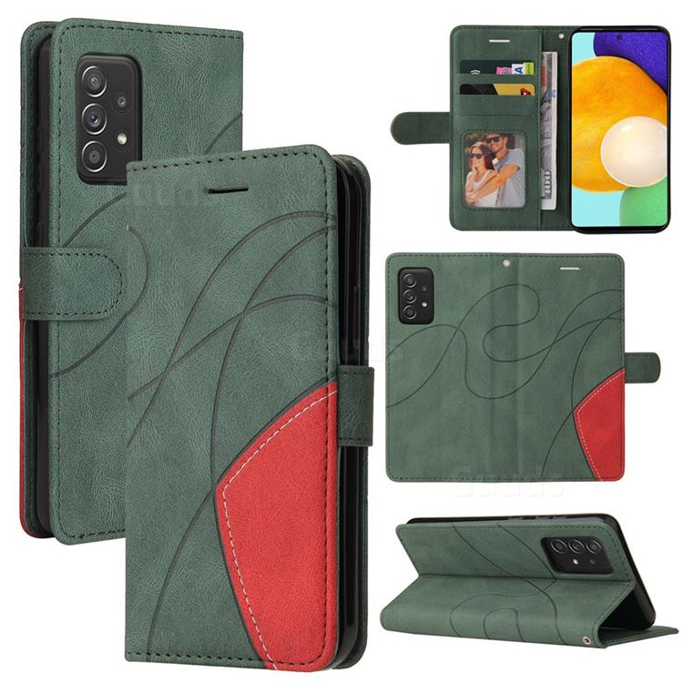Luxury Two-color Stitching Leather Wallet Case Cover for Samsung Galaxy A52 (4G, 5G) - Green