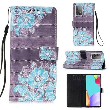 Blue Flower 3D Painted Leather Wallet Case for Samsung Galaxy A52 (4G, 5G)