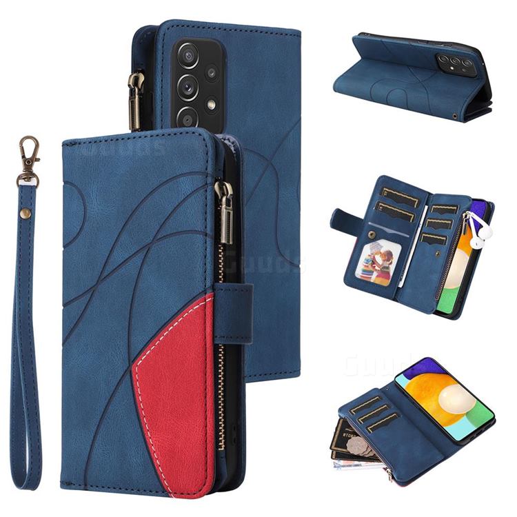 Luxury Two-color Stitching Multi-function Zipper Leather Wallet Case Cover for Samsung Galaxy A52 (4G, 5G) - Blue