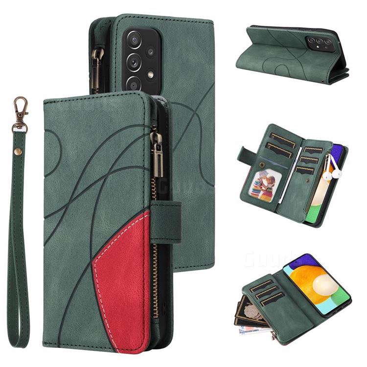 Luxury Two-color Stitching Multi-function Zipper Leather Wallet Case Cover for Samsung Galaxy A52 (4G, 5G) - Green