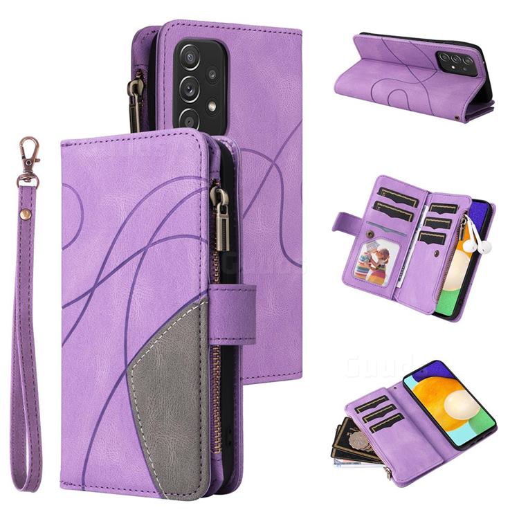 Luxury Two-color Stitching Multi-function Zipper Leather Wallet Case Cover for Samsung Galaxy A52 (4G, 5G) - Purple