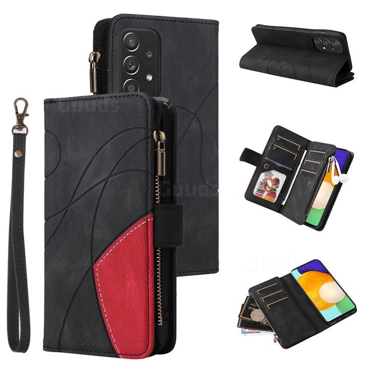 Luxury Two-color Stitching Multi-function Zipper Leather Wallet Case Cover for Samsung Galaxy A52 (4G, 5G) - Black