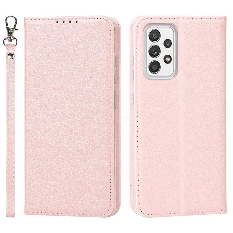 Ultra Slim Magnetic Automatic Suction Silk Lanyard Leather Flip Cover for Samsung Galaxy A52 (4G, 5G) - Rose Gold