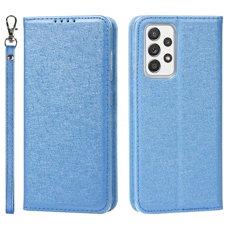 Ultra Slim Magnetic Automatic Suction Silk Lanyard Leather Flip Cover for Samsung Galaxy A52 (4G, 5G) - Sky Blue