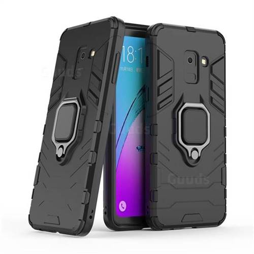 Black Panther Armor Metal Ring Grip Shockproof Dual Layer Rugged Hard Cover for Samsung Galaxy A8 2018 A530 - Black