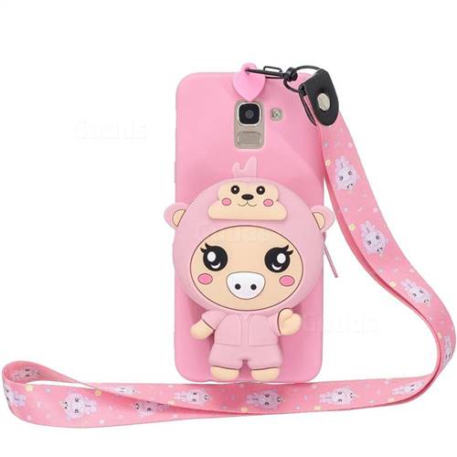 Pink Pig Neck Lanyard Zipper Wallet Silicone Case for Samsung Galaxy A8 2018 A530