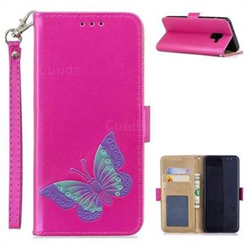 Imprint Embossing Butterfly Leather Wallet Case for Samsung Galaxy A8 2018 A530 - Rose Red