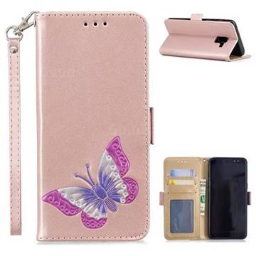 Imprint Embossing Butterfly Leather Wallet Case for Samsung Galaxy A8 2018 A530 - Rose Gold