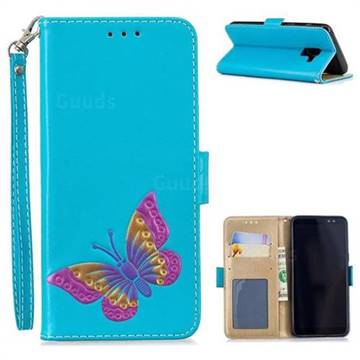 Imprint Embossing Butterfly Leather Wallet Case for Samsung Galaxy A8 2018 A530 - Sky Blue