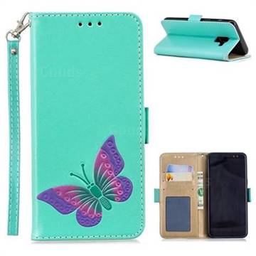 Imprint Embossing Butterfly Leather Wallet Case for Samsung Galaxy A8 2018 A530 - Mint Green