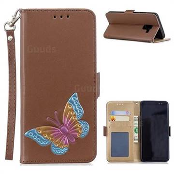 Imprint Embossing Butterfly Leather Wallet Case for Samsung Galaxy A8 2018 A530 - Brown
