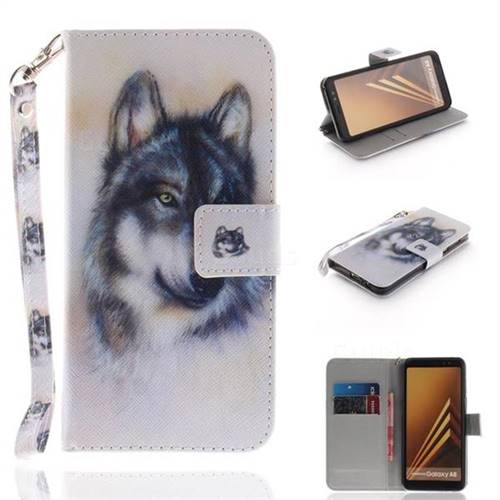 Snow Wolf Hand Strap Leather Wallet Case for Samsung Galaxy A8 2018 A530