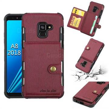 Brush Multi-function Leather Phone Case for Samsung Galaxy A8 2018 A530 - Wine Red