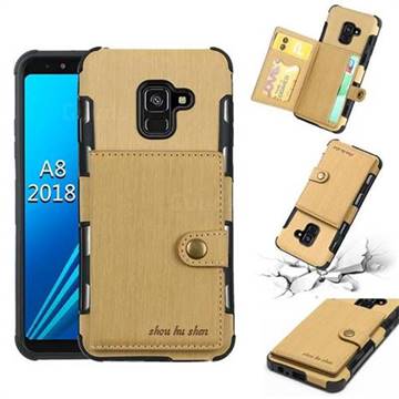 Brush Multi-function Leather Phone Case for Samsung Galaxy A8 2018 A530 - Golden