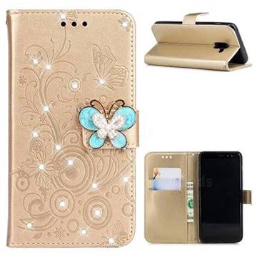 Embossing Butterfly Circle Rhinestone Leather Wallet Case for Samsung Galaxy A8 2018 A530 - Champagne