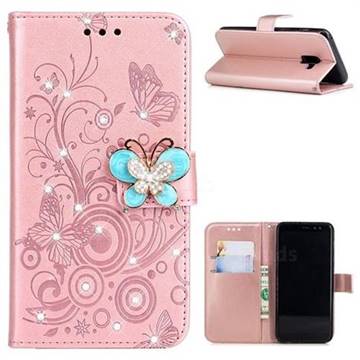 Embossing Butterfly Circle Rhinestone Leather Wallet Case for Samsung Galaxy A8 2018 A530 - Rose Gold