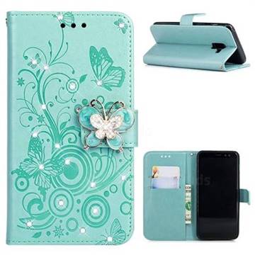 Embossing Butterfly Circle Rhinestone Leather Wallet Case for Samsung Galaxy A8 2018 A530 - Cyan
