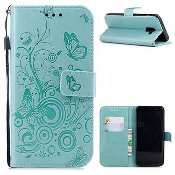Intricate Embossing Butterfly Circle Leather Wallet Case for Samsung Galaxy A8 2018 A530 - Cyan