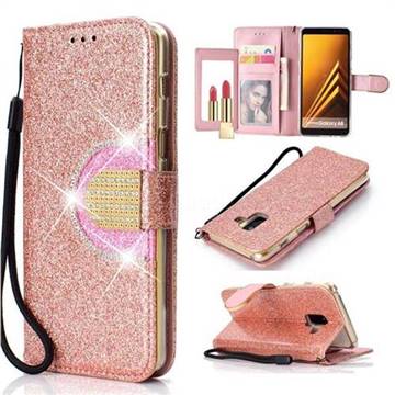 Glitter Diamond Buckle Splice Mirror Leather Wallet Phone Case for Samsung Galaxy A8 2018 A530 - Rose Gold