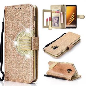 Glitter Diamond Buckle Splice Mirror Leather Wallet Phone Case for Samsung Galaxy A8 2018 A530 - Golden