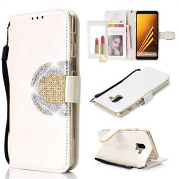 Glitter Diamond Buckle Splice Mirror Leather Wallet Phone Case for Samsung Galaxy A8 2018 A530 - White