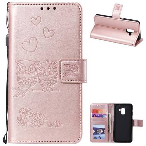 Embossing Owl Couple Flower Leather Wallet Case for Samsung Galaxy A8 2018 A530 - Rose Gold