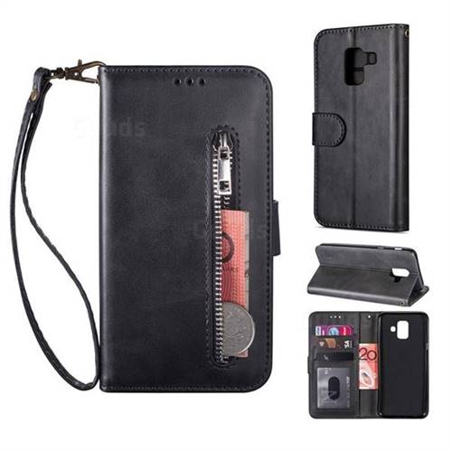 Retro Calfskin Zipper Leather Wallet Case Cover for Samsung Galaxy A8 2018 A530 - Black