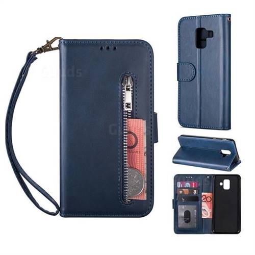 Retro Calfskin Zipper Leather Wallet Case Cover for Samsung Galaxy A8 2018 A530 - Blue