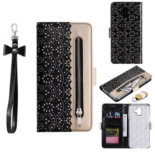 Luxury Lace Zipper Stitching Leather Phone Wallet Case for Samsung Galaxy A8 2018 A530 - Black