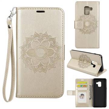 Embossing Retro Matte Mandala Flower Leather Wallet Case for Samsung Galaxy A8 2018 A530 - Golden