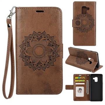Embossing Retro Matte Mandala Flower Leather Wallet Case for Samsung Galaxy A8 2018 A530 - Brown