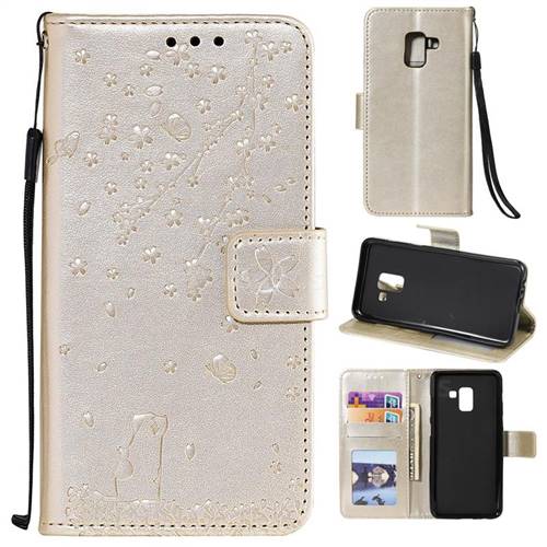 Embossing Cherry Blossom Cat Leather Wallet Case for Samsung Galaxy A8 2018 A530 - Golden